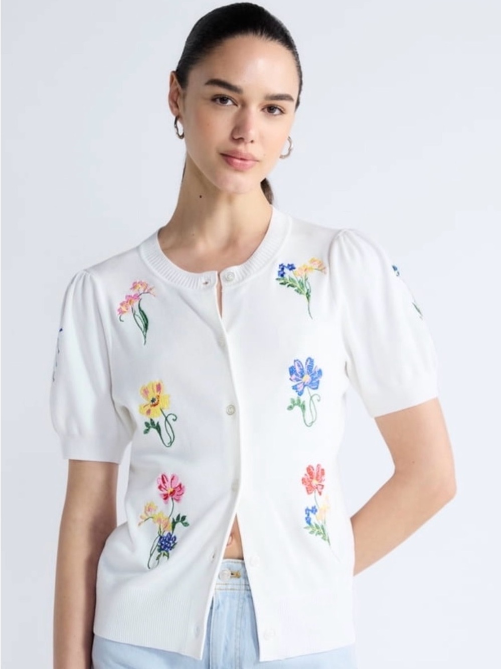 White Floral Embroidered Short-Sleeve Cardigan Top